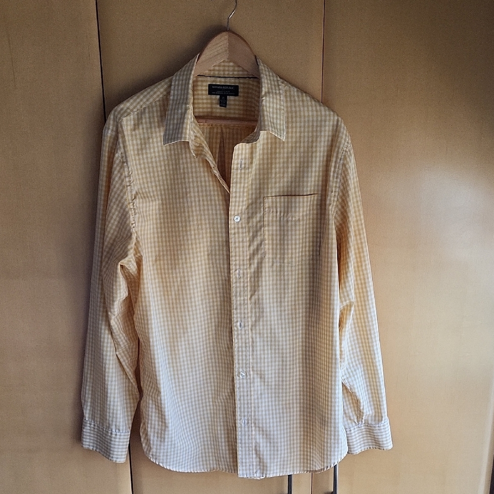 Banana Republic Men's XL Yellow Plaid Slim Fit Cotton Long Sleeve Button-Down